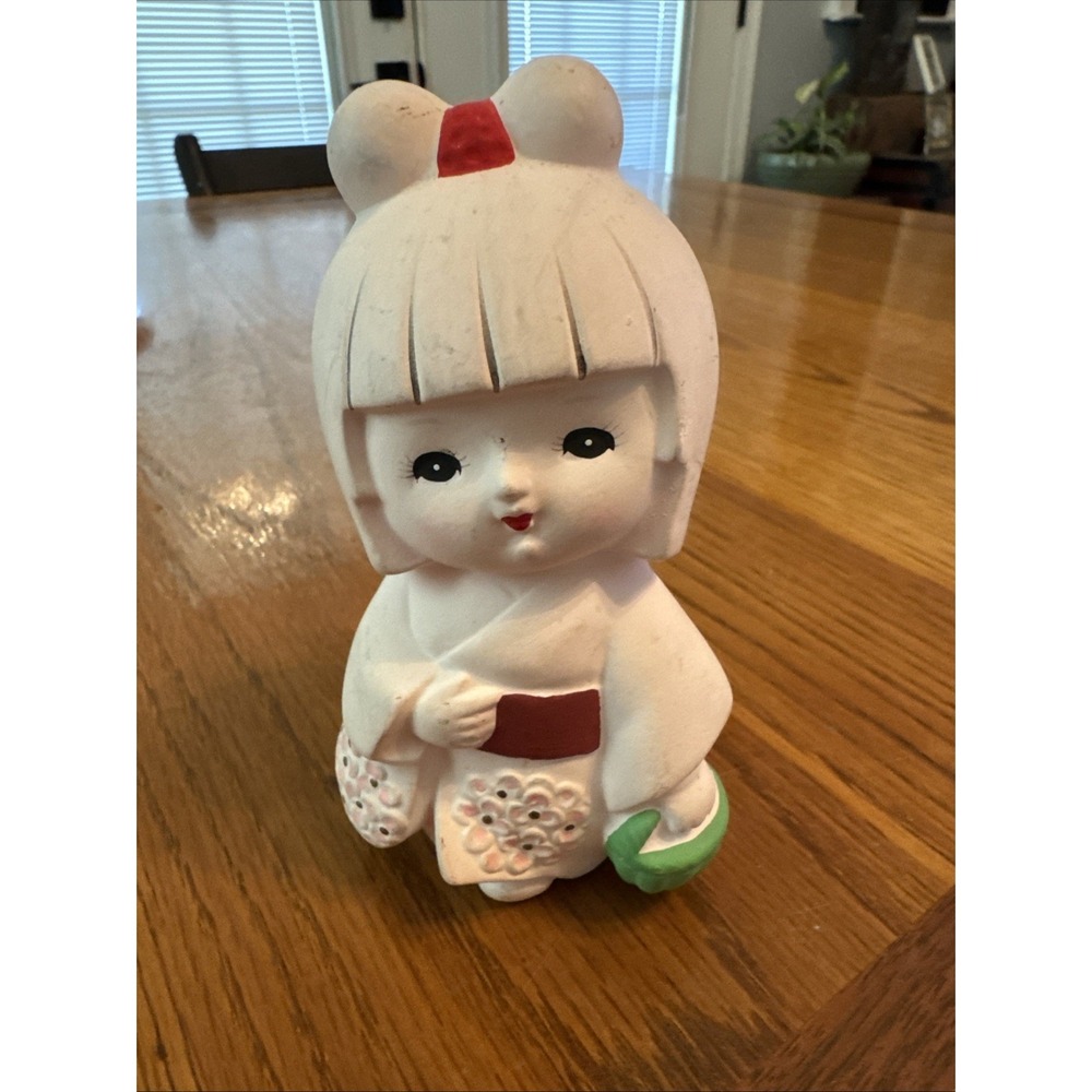 VINTAGE Bisque Pink JAPANESE HAKATA DOLL FIGURINE Japan 5" Tall Holding Basket